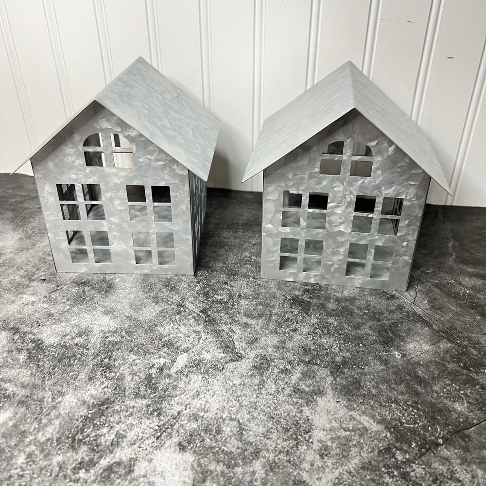 Galvanized Metal Tea Light Candle Holder Houses | Lot of 2 | Farmhouse